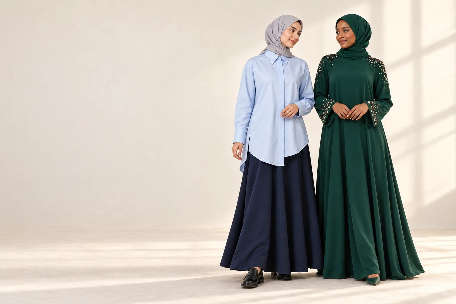 Two women modelling modern modest clothing in warm studio light